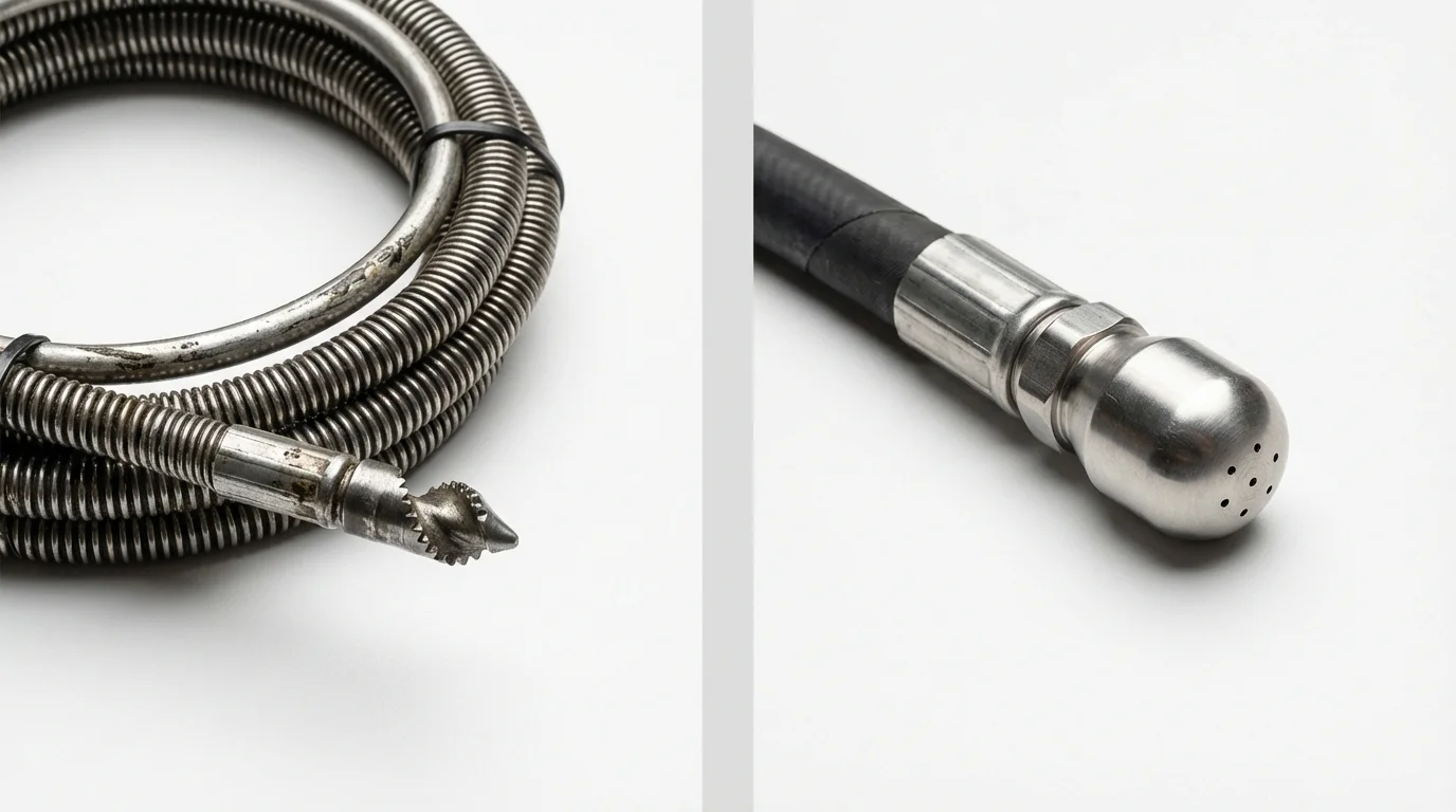 Drain snake cable and hydro jetting nozzle used for drain cleaning in Austell, GA