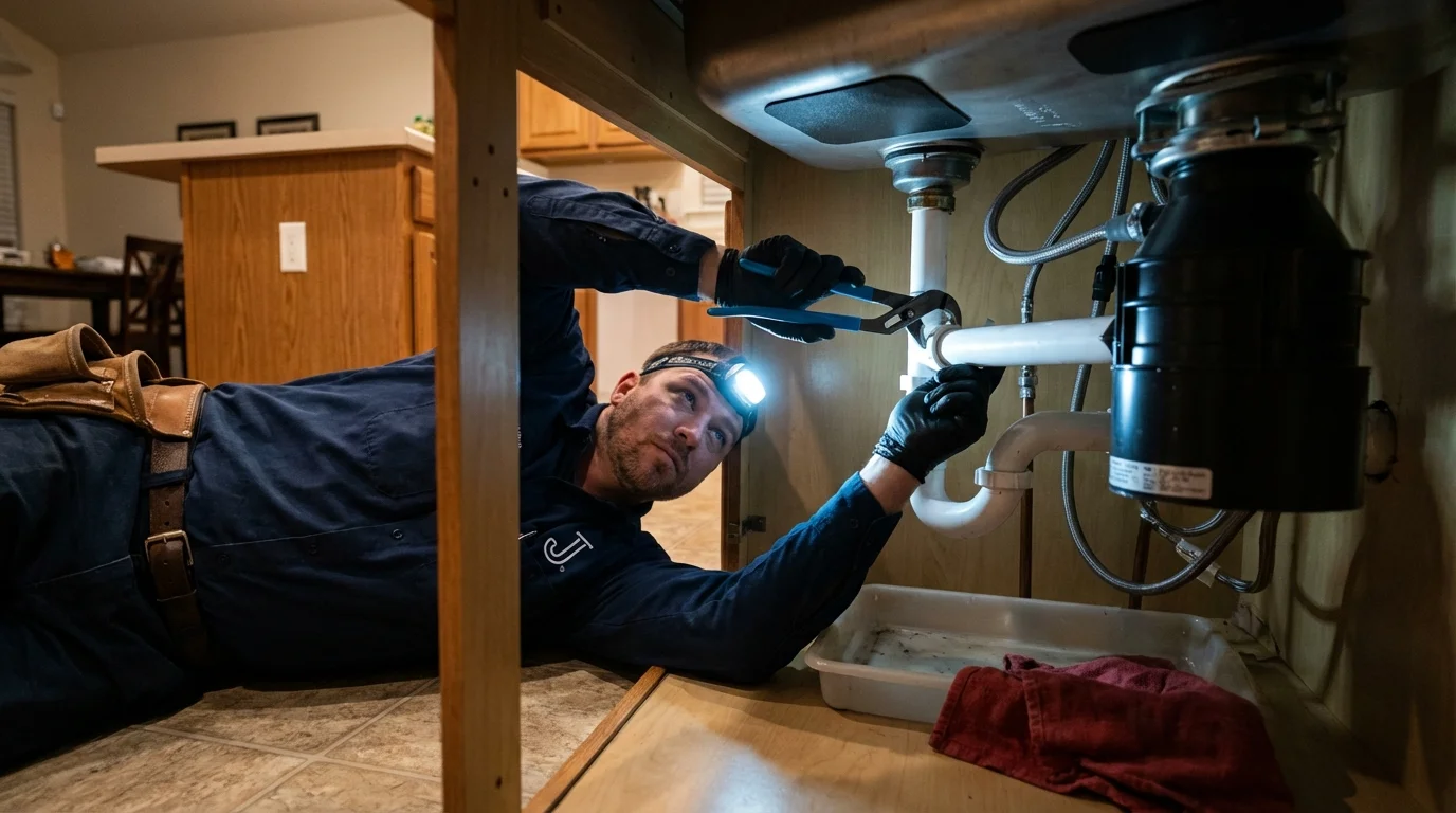 P-trap and supply line connections under a kitchen sink showing a common leak point in Austell, GA